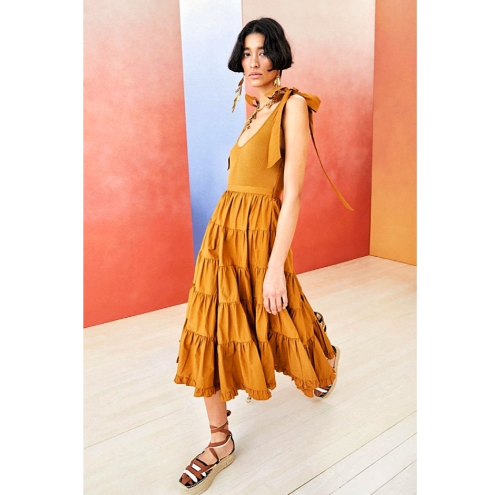 Ulla Johnson Hope Rib Knit Cotton Popplin Ruffle Tiered Maxi Dress Tapen… - Picture 10 of 16